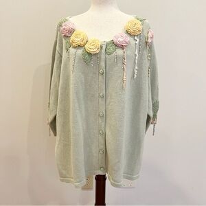 Storybook Knits Cardigan Women 3X Green Pastel Crochet Floral Cottagecore Granny